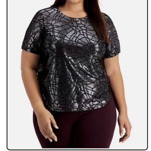 Alfani Women's Velvet Burnout Top Metallic Short Sleeve Black Gunmetal Size 3X